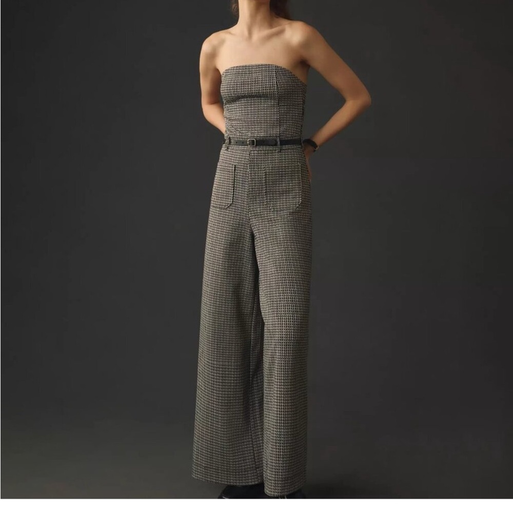 Maeve for Anthropologie Black, Brown and White Houndstooth Strapless Jumpsuit